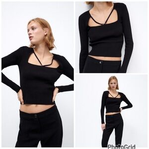 Zara Black Cut-Out Strappy Knit Ribbed Sweater Long Sleeve Top NWT